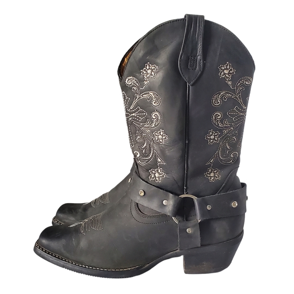 Caballo Dorado Black Embroidered Floral & Cross Cowboy Western Harness Boots 7
